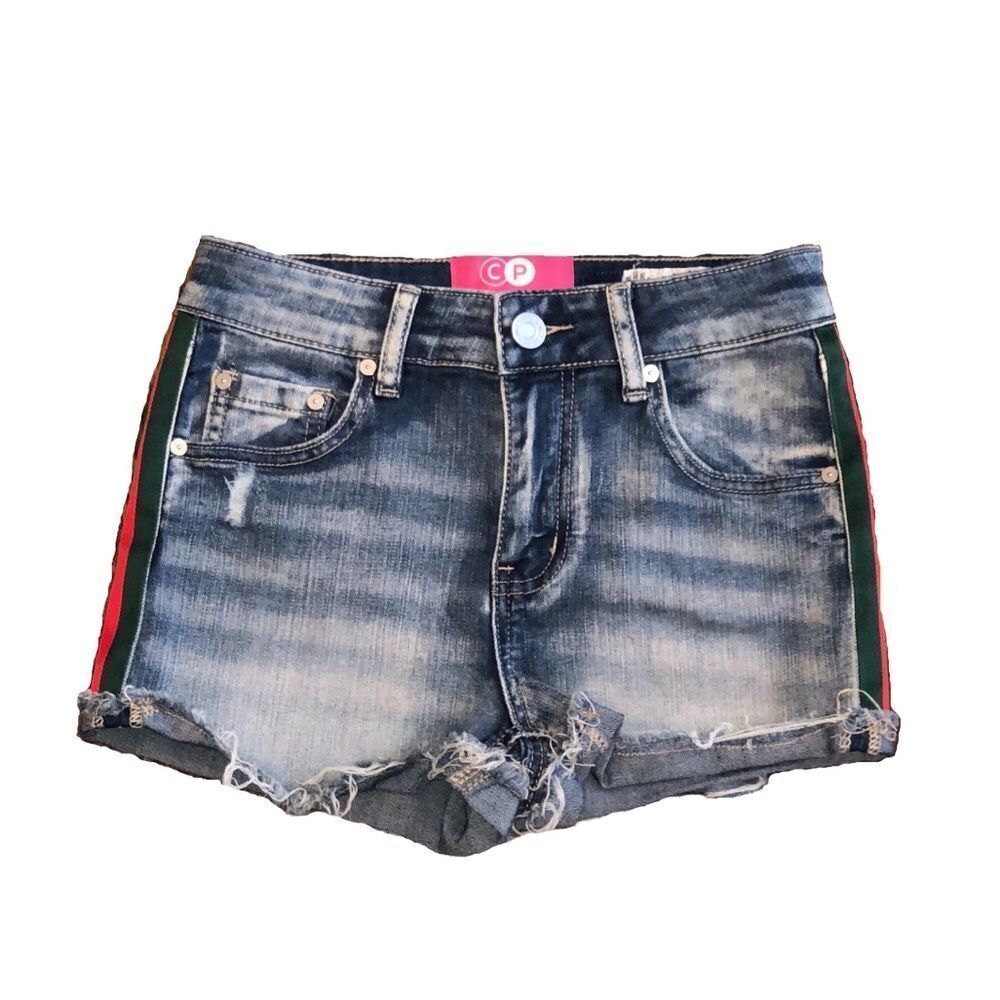 Washed Denim Shorts W/ Side Stripe Ribbon